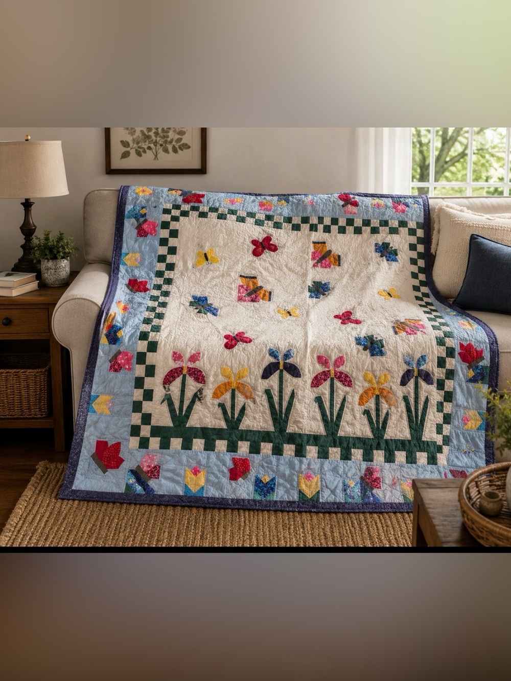 88”x87” Handmade Floral & Butterfly Quilt - Cream with Multicolor Accents